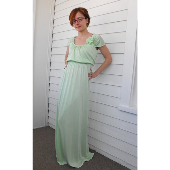 Light Pastel Green Dress Maxi Formal Mint Vintage 70s Spring S XS - Picture 5 of 7